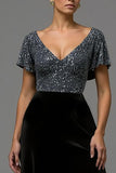 Glitter Black and Grey A Line Velvet V Neck Maxi Formal Dress