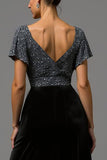 Glitter Black and Grey A Line Velvet V Neck Maxi Formal Dress