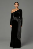 Black One Shoulder Long Sleeves Sheath Velvet Holiday Party Dress with Bow