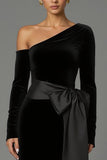 Black One Shoulder Long Sleeves Sheath Velvet Holiday Party Dress with Bow