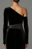 Black One Shoulder Long Sleeves Sheath Velvet Holiday Party Dress with Bow