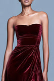 Velvet Burgundy Strapless Long Holiday Party Dress with Slit
