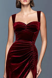 Maxi Burgundy Velvet Ruched Sheath Holiday Party Dress with Slit