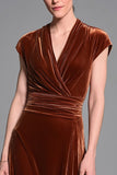 Caramel Ruched Sheath Cap Sleeves Velvet Long Holiday Party Dress
