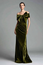 Olive Velvet Ruched Sheath Maxi Holiday Party Dress with Bow