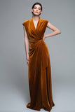 Caramel V-Neck Velvet Ruched Sheath Long Holiday Party Dress
