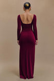 Burgundy Satin Square Neck Long Sleeves Sheath Formal Dress with Slit