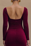 Burgundy Satin Square Neck Long Sleeves Sheath Formal Dress with Slit