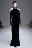 Black Velvet High Neck Long Sleeves Sparkly Holiday Party Dress with Beading