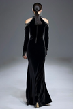 Black Velvet High Neck Long Sleeves Sparkly Holiday Party Dress with Beading