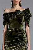 Olive Sheath Off the Shoulder Maxi Velvet Holiday Party Dress with Bow