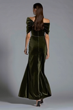 Olive Sheath Off the Shoulder Maxi Velvet Holiday Party Dress with Bow