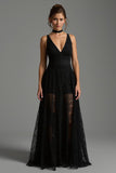 Black Lace V-Neck Sleeveless A Line Long Formal Dress