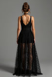 Black Lace V-Neck Sleeveless A Line Long Formal Dress