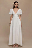 Ivory Satin V-Neck Puff Sleeves A Line Maxi Formal Dress