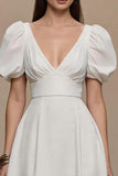 Ivory Satin V-Neck Puff Sleeves A Line Maxi Formal Dress