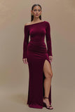 Burgundy One Shoulder Satin Sheath Long Sleeves Formal Dress with Slit