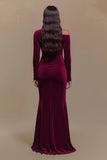 Burgundy One Shoulder Satin Sheath Long Sleeves Formal Dress with Slit