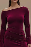 Burgundy One Shoulder Satin Sheath Long Sleeves Formal Dress with Slit