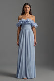 Sky Blue A Line Chiffon Ruched Maxi Formal Dress with Ruffles
