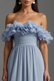 Sky Blue A Line Chiffon Ruched Maxi Formal Dress with Ruffles