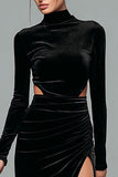 Black Velvet Sheath High Neck Cut Out Maxi Holiday Party Dress with Slit