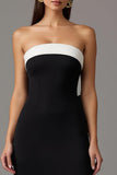 Black and White Sheath Strapless Bow Maxi Formal Dress with Slit