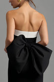 Black and White Sheath Strapless Bow Maxi Formal Dress with Slit
