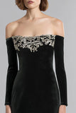 Black Velvet Long Sleeves Sheath Holiday Party Dress with Rhinestones