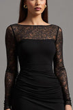 Sheath Black Illusion Neck Long Sleeves Formal Dress with Lace