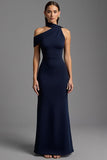 Navy Sheath Satin Asymmetrical Neck Maxi Formal Dress