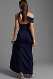 Navy Sheath Satin Asymmetrical Neck Maxi Formal Dress