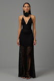 Black Sheath V Neck 3D Flowers Maxi Formal Dress with Slit