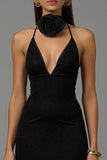 Black Sheath V Neck 3D Flowers Maxi Formal Dress with Slit