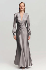Maxi Grey Satin V Neck Ruched Formal Dress with Sleeves
