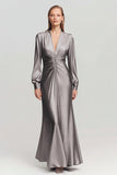 Maxi Grey Satin V Neck Ruched Formal Dress with Sleeves