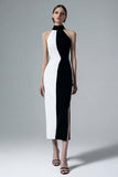 Black and White Sheath High Neck Maxi Formal Dress with Slit