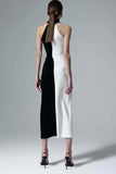Black and White Sheath High Neck Maxi Formal Dress with Slit