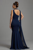 Navy Mermaid Satin Neck Scarf Maxi Formal Dress