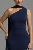 Navy Mermaid Satin Neck Scarf Maxi Formal Dress