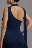 Navy Mermaid Satin Neck Scarf Maxi Formal Dress
