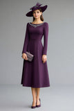 Midi Dark Purple Boat Neck Mother of the Bride Dress with Beading