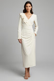 Ivory Pencil V-Neck Ruched Maxi Work Dress with Ruffles
