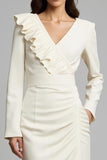 Ivory Pencil V-Neck Ruched Maxi Work Dress with Ruffles