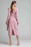 Midi Pencil Pink Ruched Square Neck Work Dress with Ruffles