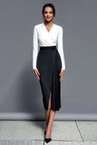 Black and White Pleated V-Neck Pencil Midi Work Dress with Slit