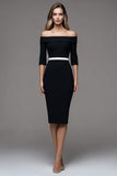 Black Midi Off the Shoulder Half Sleeves Pencil Work Dress