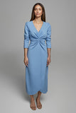 Blue Ruched Pencil V-Neck Long Work Dress with Sleeves