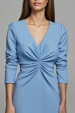 Blue Ruched Pencil V-Neck Long Work Dress with Sleeves