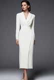 Simple Long Ivory Pencil Shawl Lapel Blazer Dress with Sleeves
